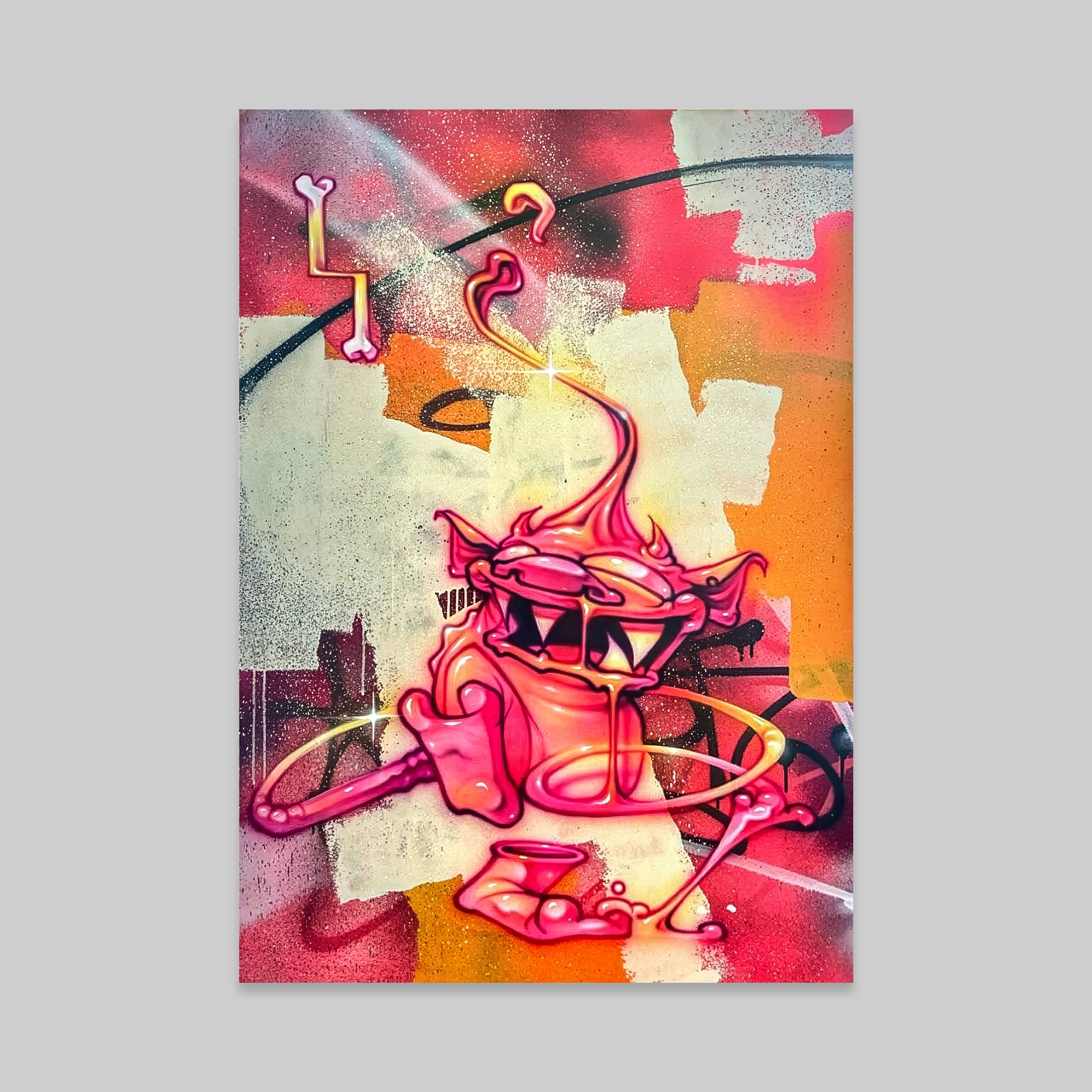 CHEAK abstract cityscape graffiti with neon colors and layered geometric blocks, framed in black.