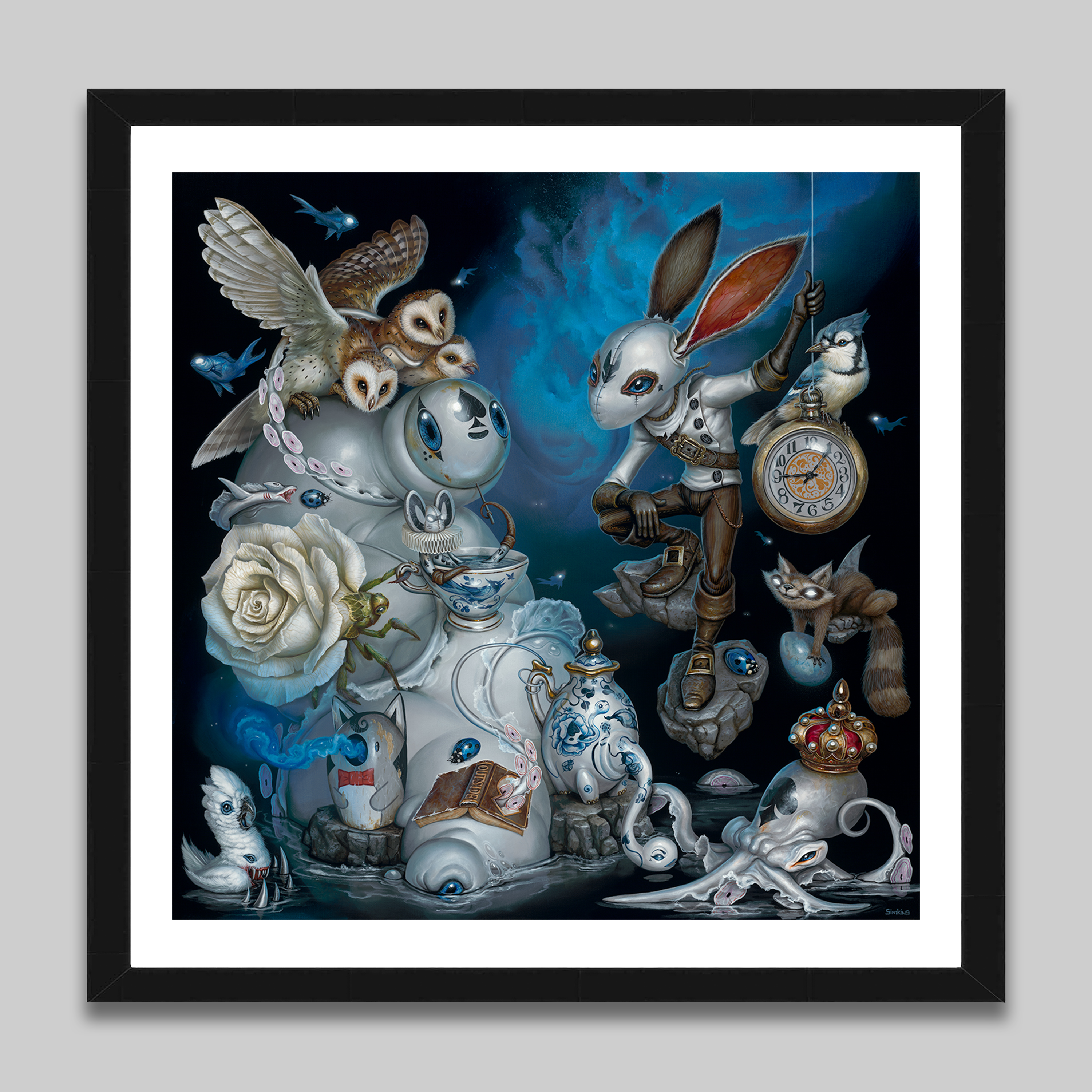 Craola painting of a fantasy scene with rabbit adventurer, clock, robot turtle, owls, and sea-creatures in a surreal dreamscape.