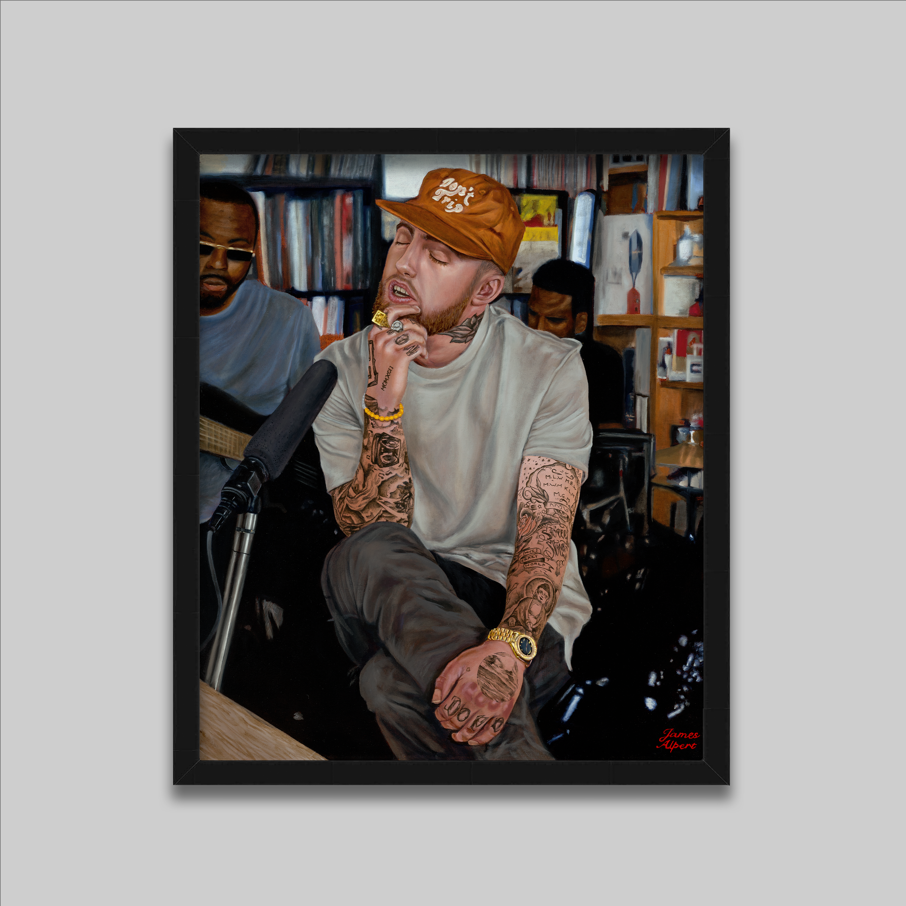 Mac Miller Oil Painting NPR Tiny Desk Tattooed LA artist in orange cap, white tee, gold watch, seated by microphone.
