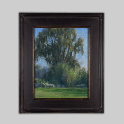 Across the Field, original artwork by Joe Mancuso; landscape with trees under a blue sky in a dark wood frame.