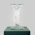 Ribbon Pedestal Small glass sculpture by Bill Meek; clear teal-tinted twisted ribbons atop a square base.