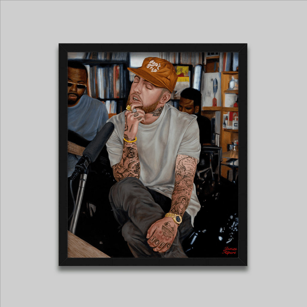 Print: Behind that Door (Mac Miller NPR) by James Alpert; tattooed man wearing an orange cap.