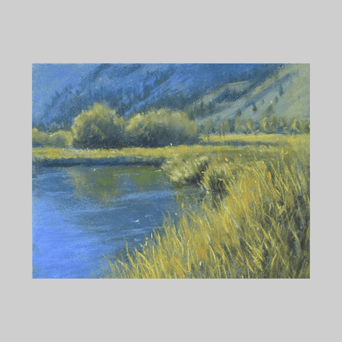 Original Creek Bend by Erika Perloff - blue-green landscape with yellow grasses.