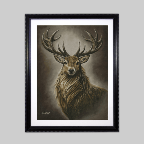 Crowned, an original artwork by Han Christ, depicting a brown deer with expansive antlers.