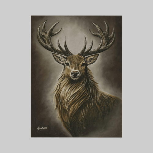 Original Crowned by Han Christ: moody, detailed deer portrait with sprawling antlers.