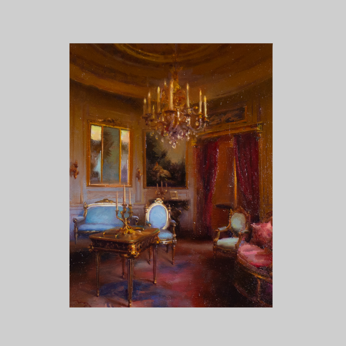 Original artwork Echos of Quite Splendor by Charlton Chen - chandelier-lit interior with gilded chairs.