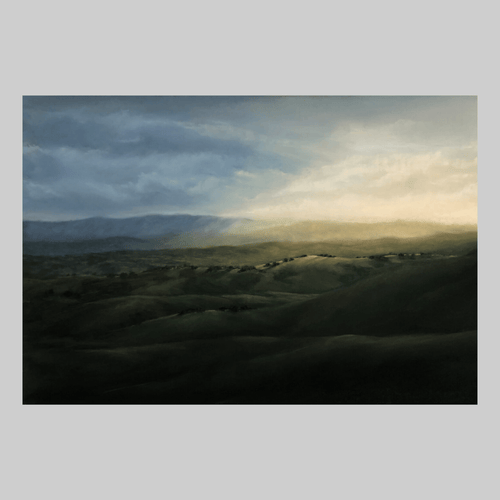 Light in the Valley, landscape painting by Kelly Ann Hine showing a moody blue sky over rolling hills.