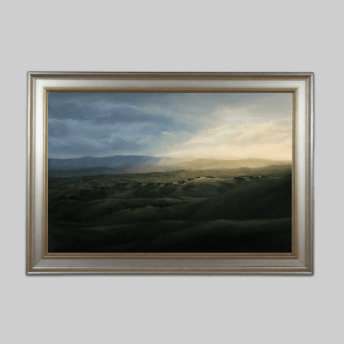 Light in the Valley, landscape oil painting by Kelly Ann Hine, framed in a gold-toned frame