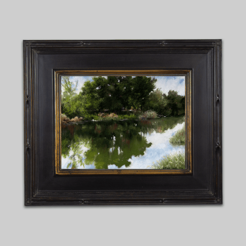 Original Love This River painting by LaVone Sterling, a landscape with river and trees in a dark ornate frame.