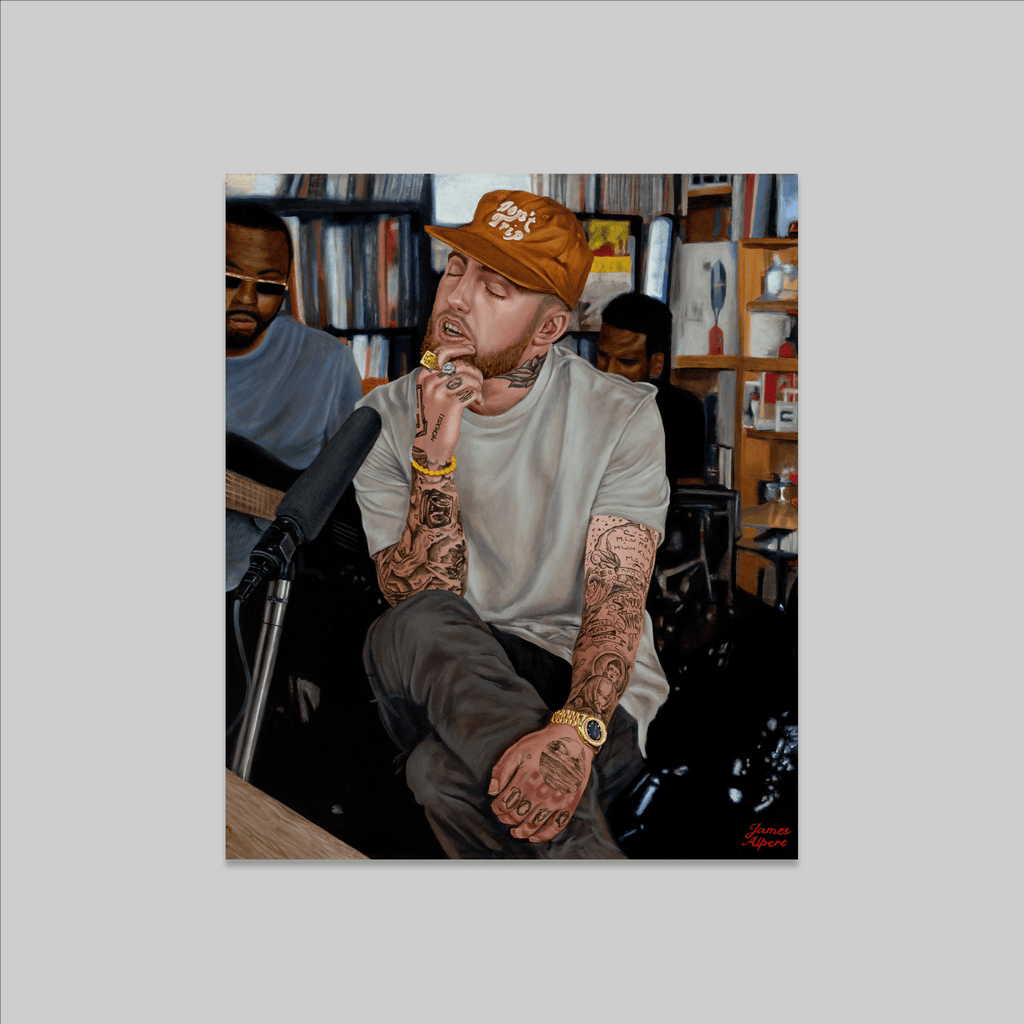 Print: Behind that Door (Mac Miller NPR) by James Alpert, tattooed man in an orange cap.