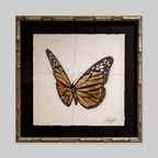Original Gold Flake Monarch painting by Risk Rock; butterfly on cream paper with blue circular guides.