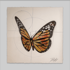 Original Gold Flake Monarch painting by Risk Rock, a monarch butterfly with golden wing patterns on beige paper.