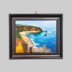 Above Abalone Cove by Charlton Chen, coastal seascape artwork in a dark frame with gold beaded inner edge.