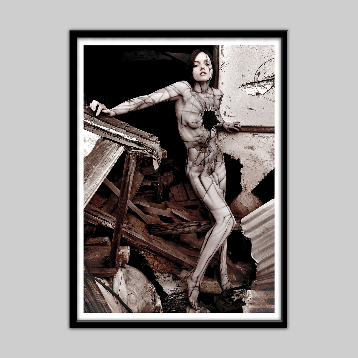 Original artwork Abandoned by Paul Roustan, monochrome photograph of a woman in a geometric bodysuit amid ruins.