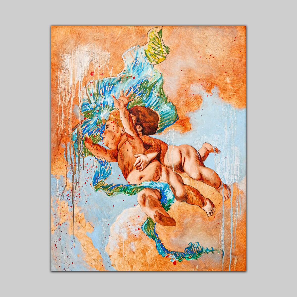 Print: Two to Tango but One to Fuck You Up, VEFA Gallery; orange background with blue-green dancing figures.