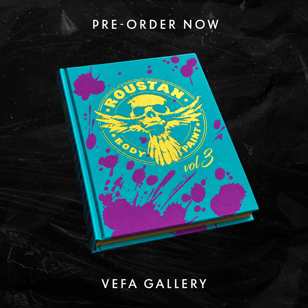 Roustan Halloween Bash ticket; teal cover with yellow emblem and purple paint splatters, VEFA Gallery