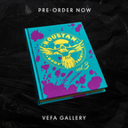 Roustan Halloween Bash ticket; teal cover with yellow emblem and purple paint splatters, VEFA Gallery
