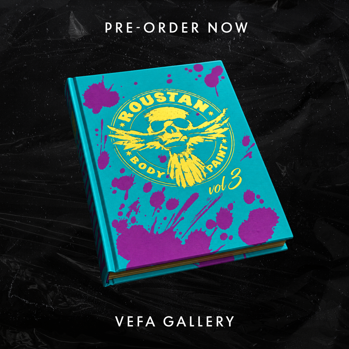 Roustan Halloween Bash ticket; teal cover with yellow emblem and purple paint splatters, VEFA Gallery