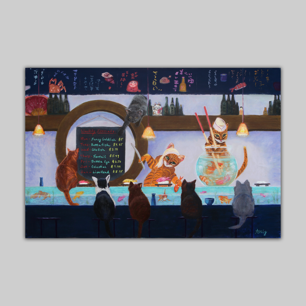 Original Seven Days of Sushi by VEFA Gallery; whimsical cat-filled sushi bar with chalkboard specials.
