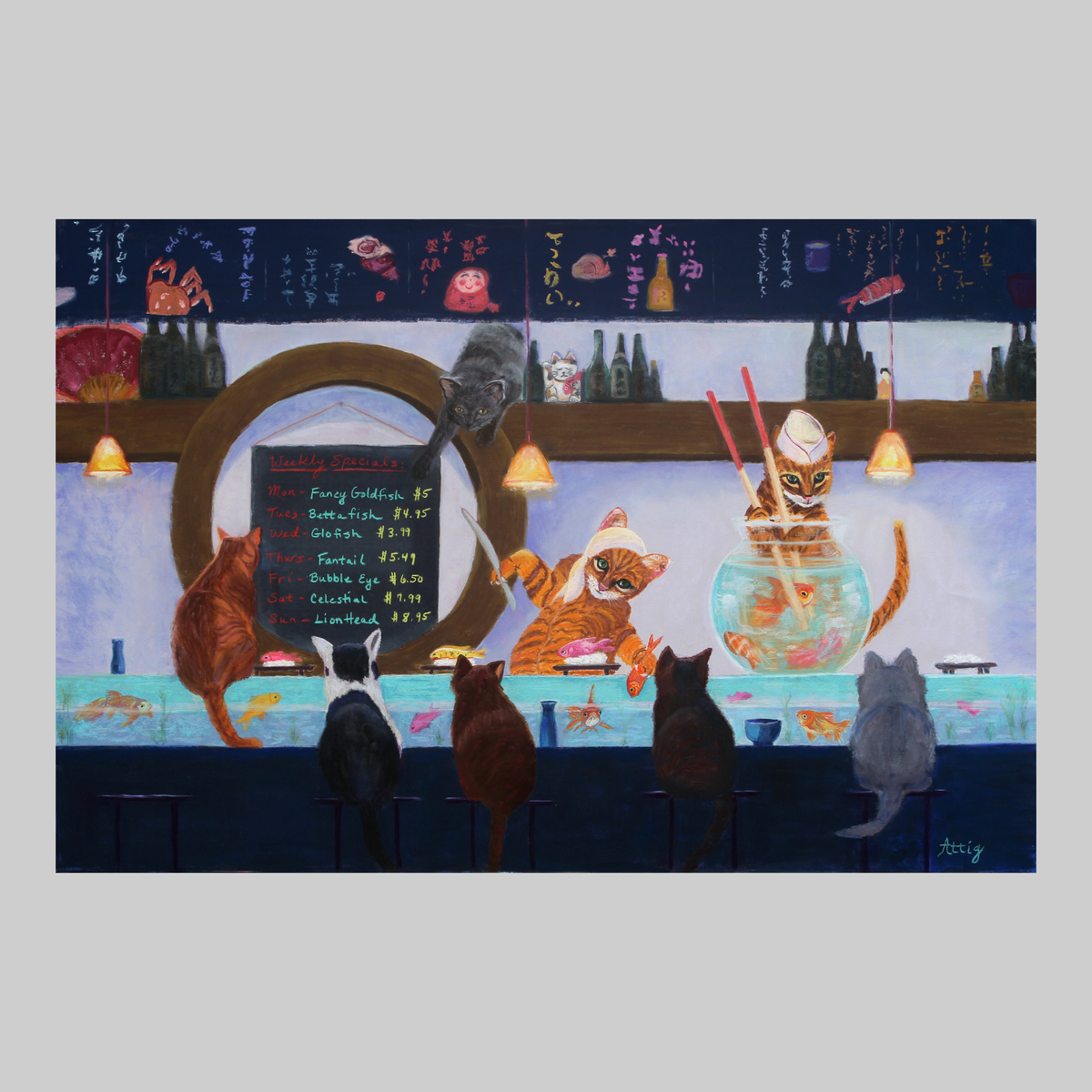 Seven Days of Sushi, original VEFA Gallery artwork; colorful bar scene with cats, sushi, and chalkboard menu.