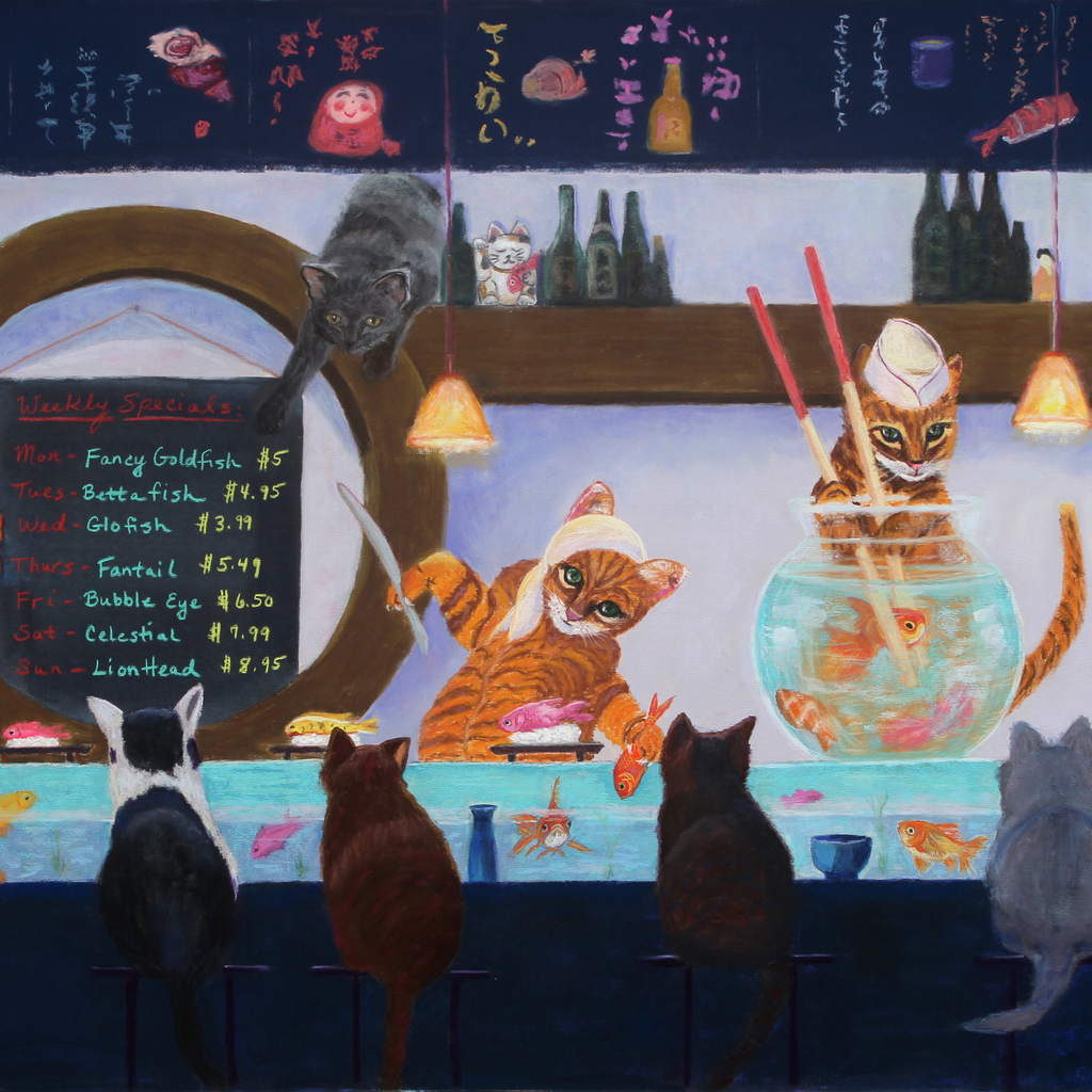 Original painting Seven Days of Sushi by VEFA Gallery; colorful cats at a sushi bar with a chalkboard weekly specials list.