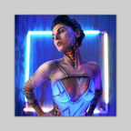 Cyberpunk print by VEFA Gallery featuring a woman with neon blue facial markings under blue neon lights.