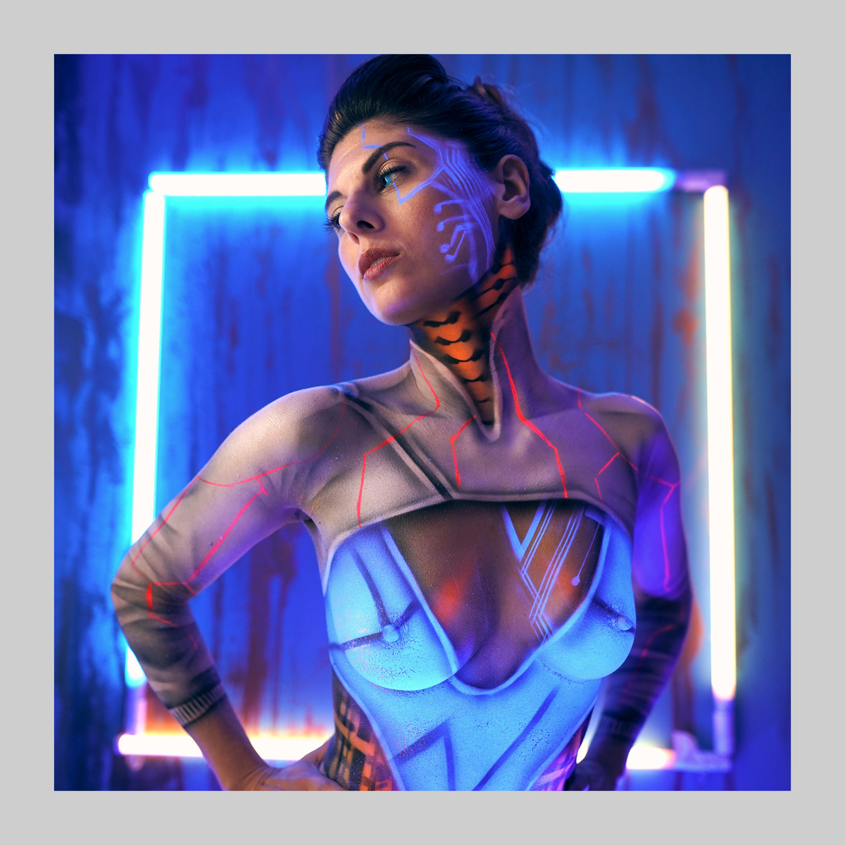 Print: Cyberpunk by VEFA Gallery, neon-blue portrait with face paint and futuristic linework.