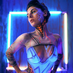 Cyberpunk print by VEFA Gallery: neon-blue portrait with red circuit-line body art.