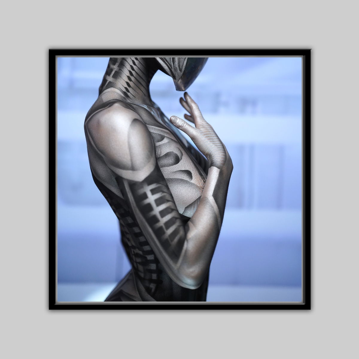 Daisy Bot print by Paul Roustan; close-up of body-painted figure with black geometric patterns against a blue background.