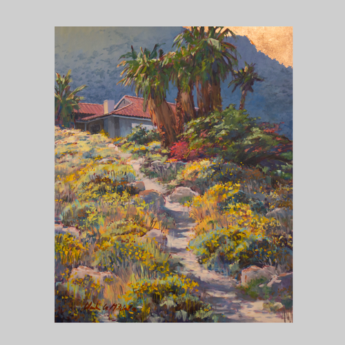 Desert Spring Path, original artwork by Clark Mitchell; sunlit desert landscape with palm trees and a red-tiled house.