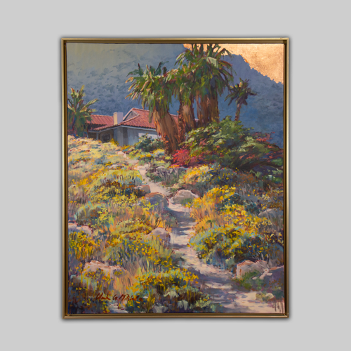Desert Spring Path, an original painting by Clark Mitchell, sunlit landscape with palm trees and flowering foreground