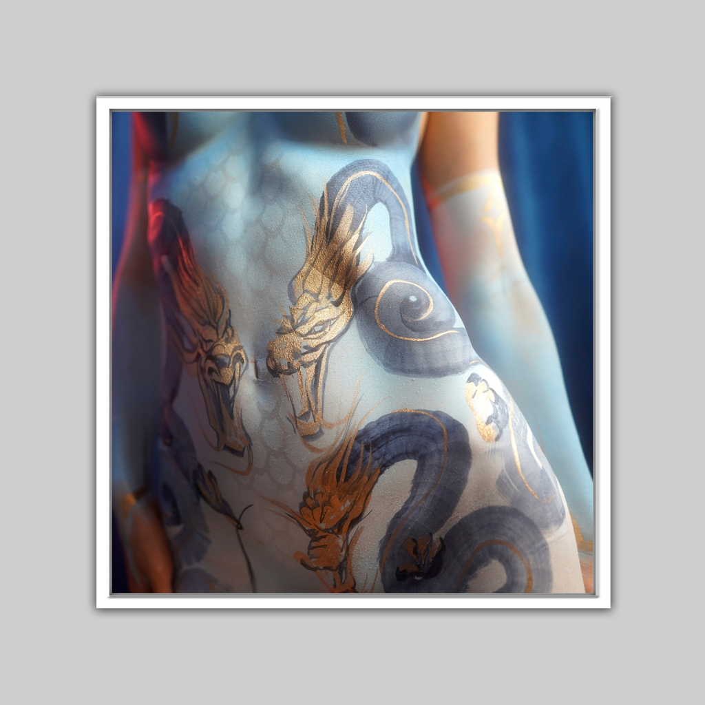 One Stroke Dragon print by Paul Roustan, blue fabric with gold dragon motif.