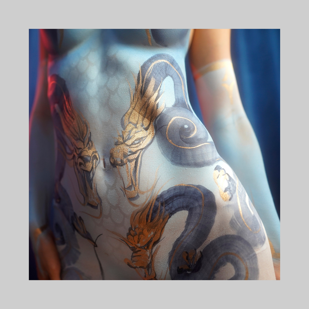 Print: One Stroke Dragon by Paul Roustan - blue body paint with gold dragon motif.