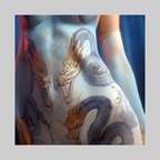 Print: One Stroke Dragon by Paul Roustan - blue body paint with gold dragon motif.