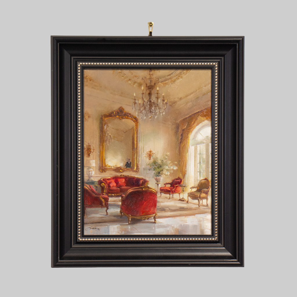 Original print Echos of Grand Salon by Charlton Chen, in a black frame with gold beaded edge.