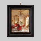 Original print Echos of Grand Salon by Charlton Chen, in a black frame with gold beaded edge.