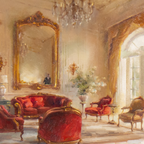 Original print: Echos of Grand Salon by Charlton Chen; warm-toned interior with red chairs and chandelier.