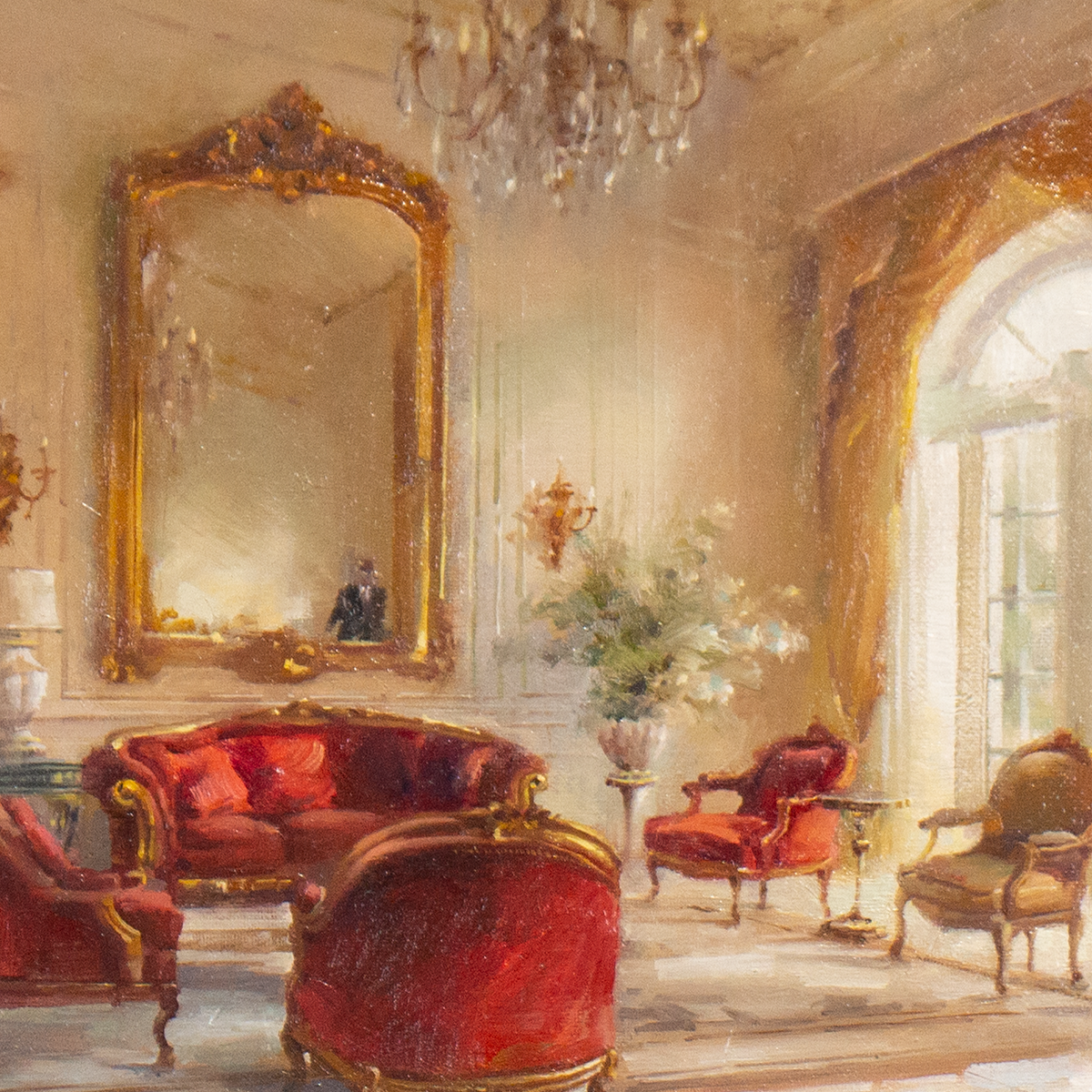Original print: Echos of Grand Salon by Charlton Chen; warm-toned interior with red chairs and chandelier.