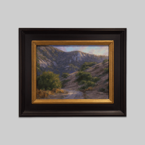 Original painting Evening Approach At The Canyon by Joe Mancuso, landscape with rugged canyon and mountains.