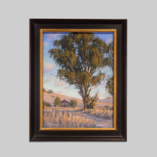 Original painting Evening At Road's End by Joe Mancuso; landscape with trees and blue sky