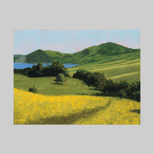 Original Fields of Gold by Christopher Stillians; tranquil landscape with rolling green hills and pale blue sky.