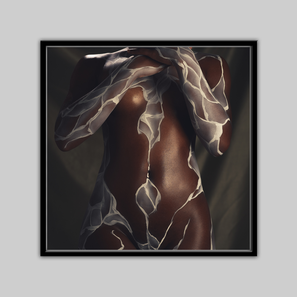 Flow ii print by Paul Roustan; dark-skinned torso wrapped in sheer patterned fabric.