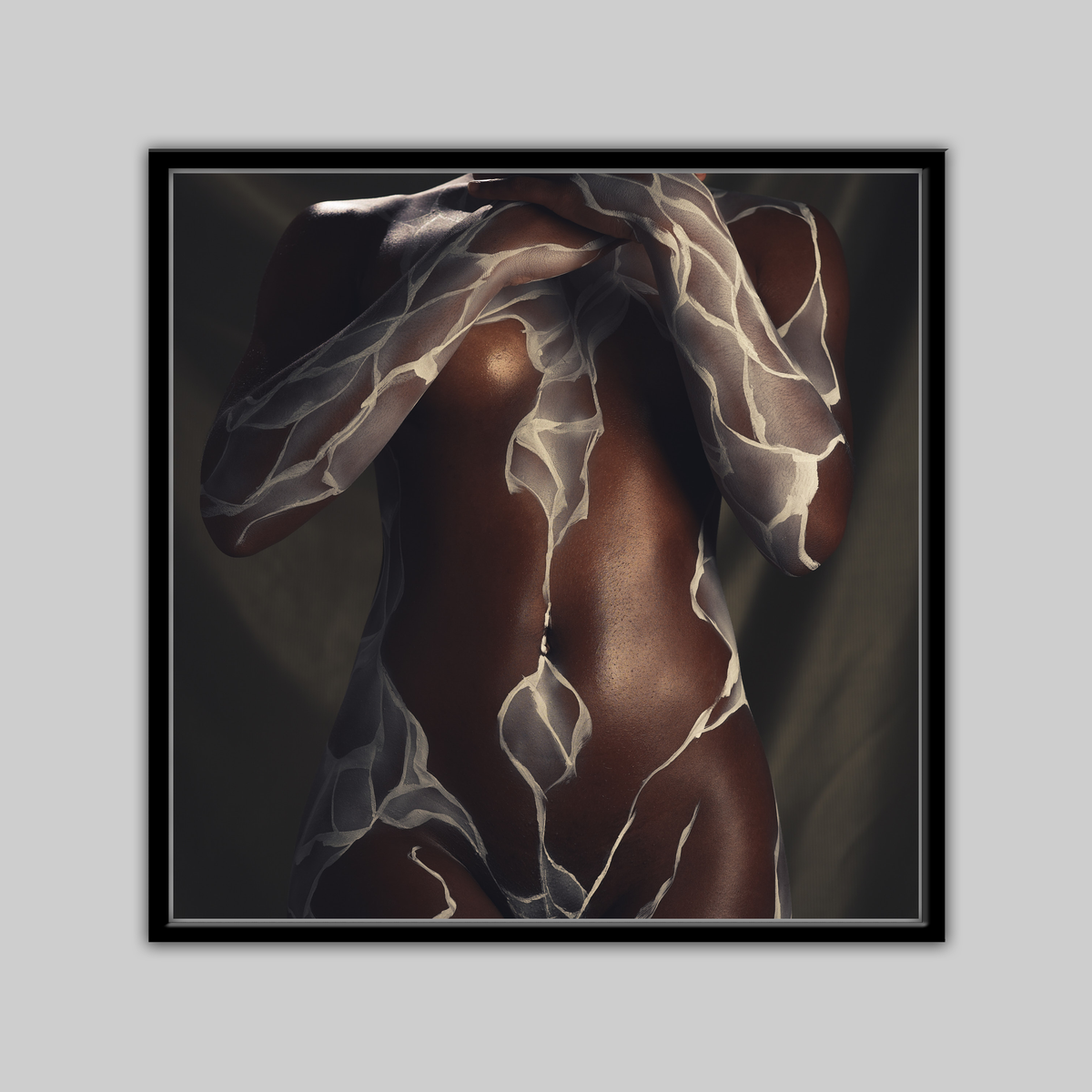 Flow ii print by Paul Roustan; dark-skinned torso wrapped in sheer patterned fabric.