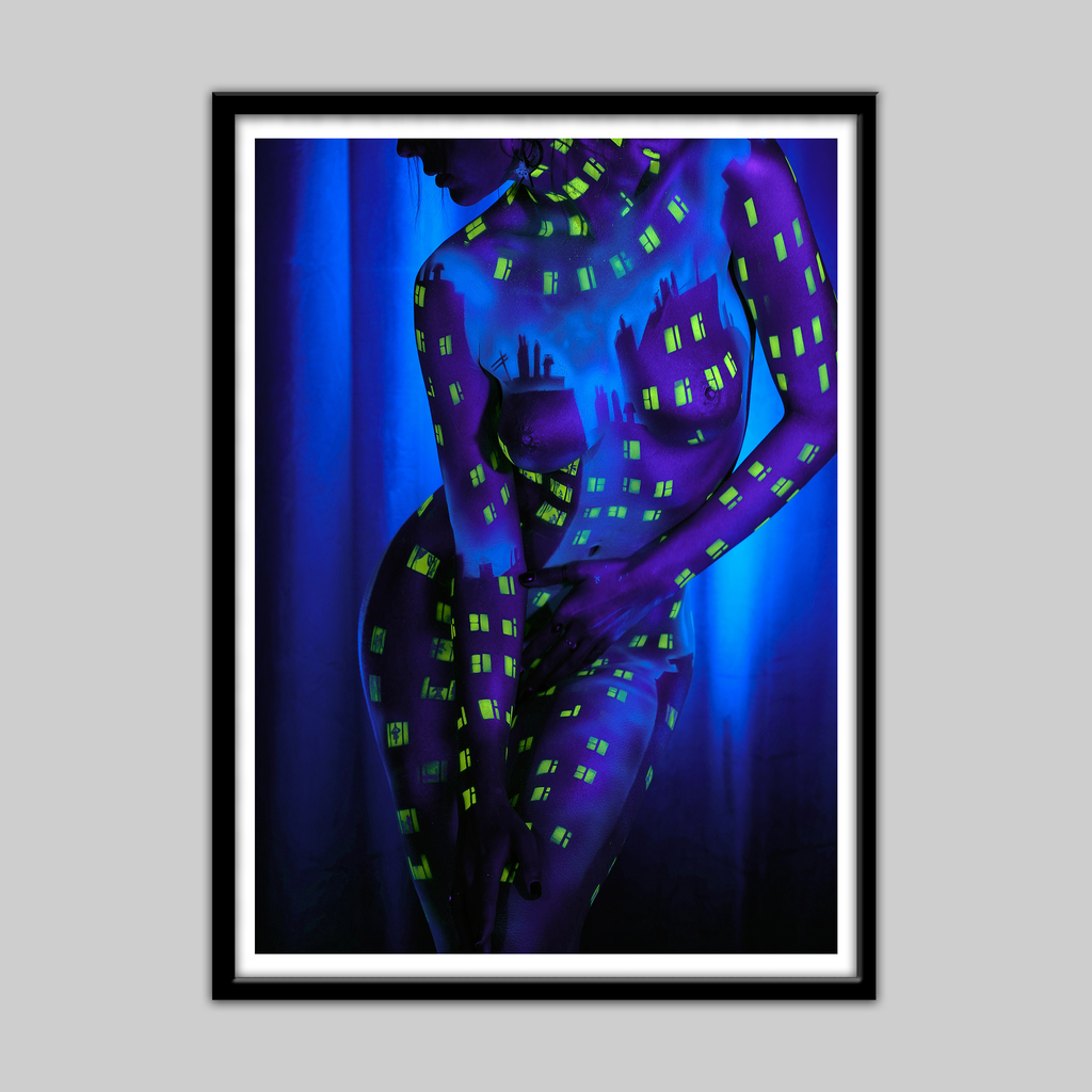 Voyeur print by Paul Roustan; neon purple body with lime-green square patterns under blue light.