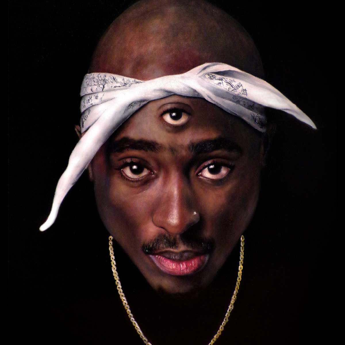 Music CD All Eyes on Me by VEFA Gallery; close-up of a dark-skinned man with white patterned blindfold and gold chain