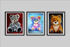 Three framed art prints of plush teddy bears in different animal-themed designs, displayed side-by-side on a light gray background.