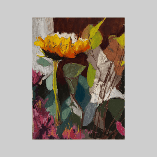 Original artwork Afternoon Light by Kathleen Weil, abstract floral composition in bold yellows and greens.