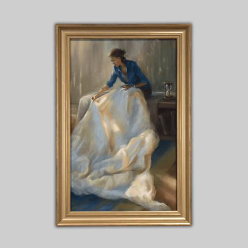 Original painting Longing for Kairos by Mary Aslin; woman in blue blouse tending a bed beside an hourglass.