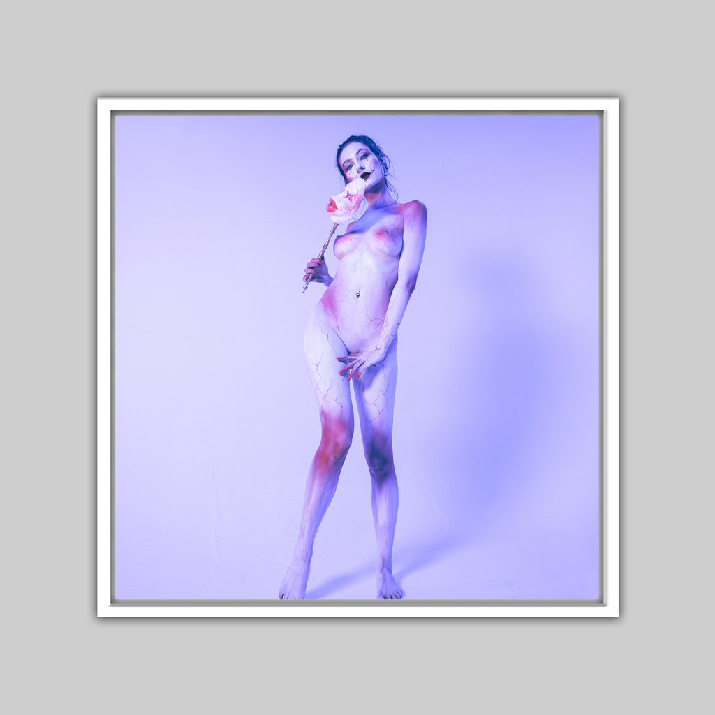 Print: The Mask by Paul Roustan, nude figure in blue-purple body paint holding a pale mask