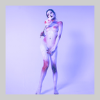 Print The Mask by Paul Roustan, nude figure painted lilac with vein-like cracks, holding a white mask with red lips on a stick.